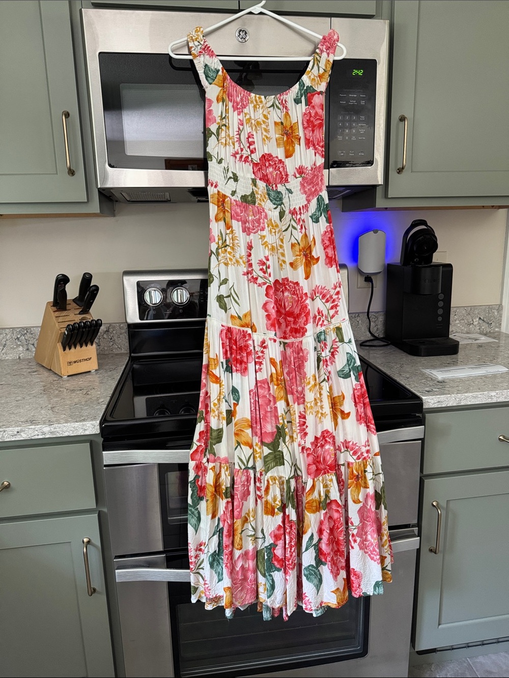 Sleeveless Floral Maxi Dress in Pink, Green & Gold